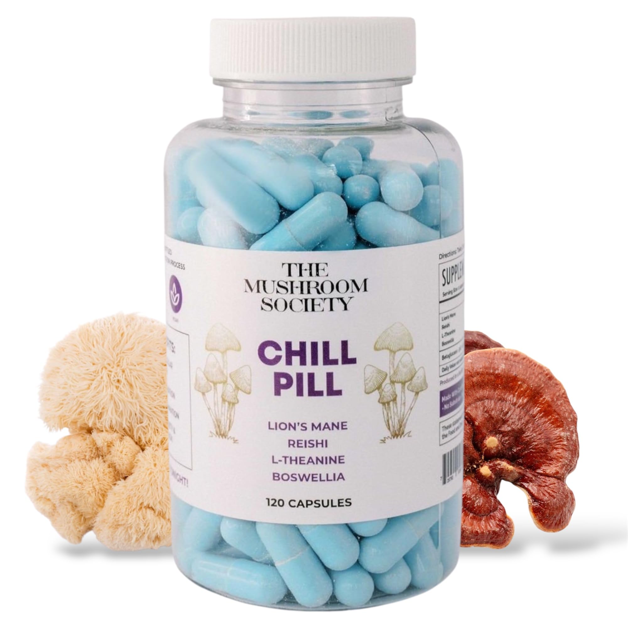 Chill Pill bottle front of The Mushroom Society illustrates vegan capsules for calm and balance