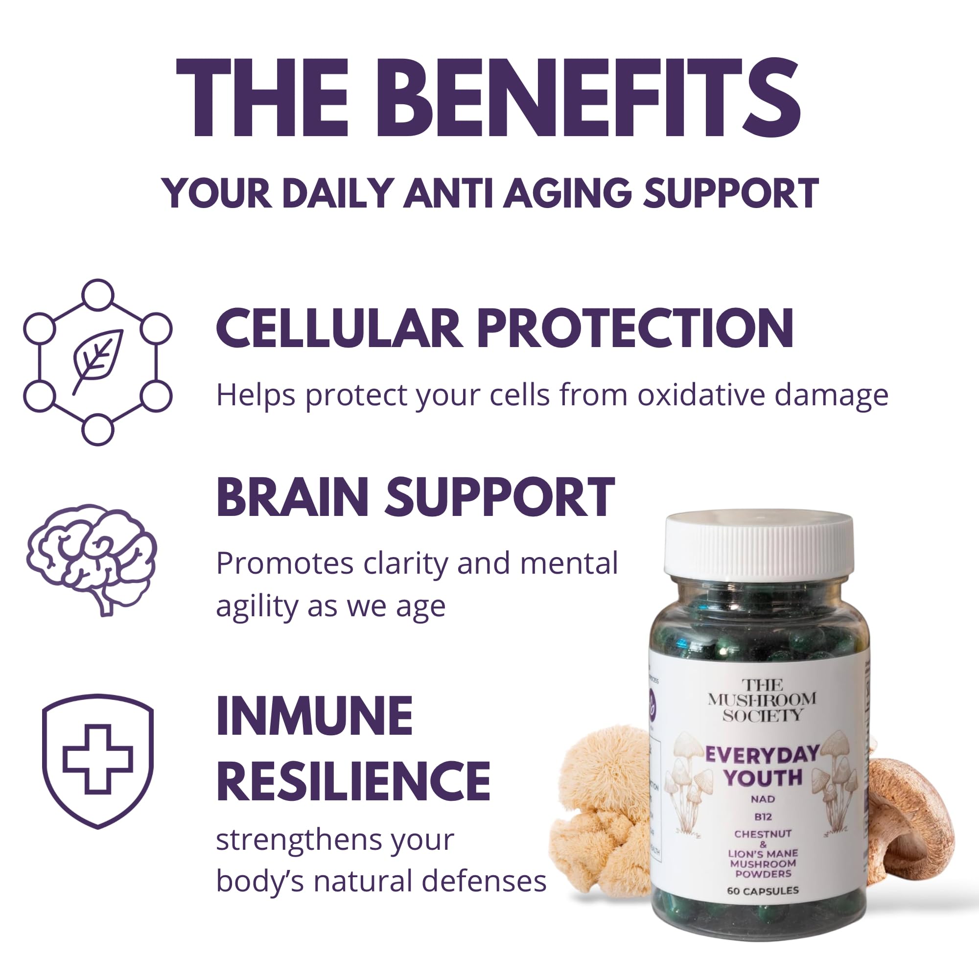 Everyday Youth capsules close-up highlighting the vegan formula and capsule texture.