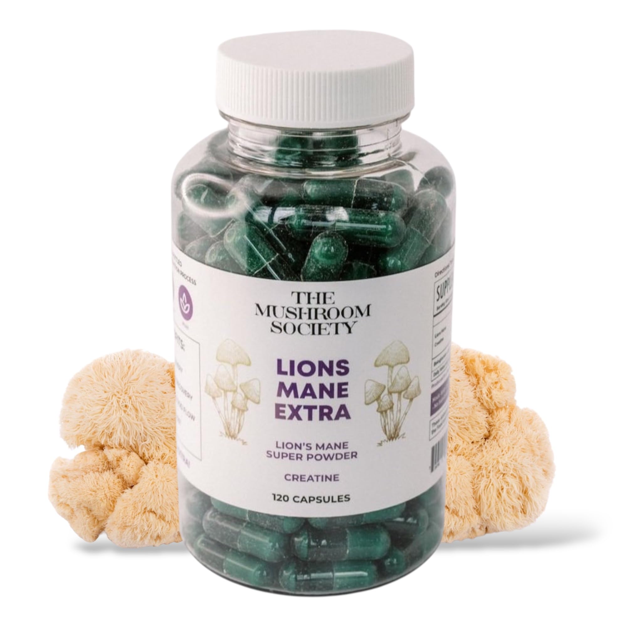 The Mushroom Society Lion's Mane Extra bottle front showing clean design and energy focus.