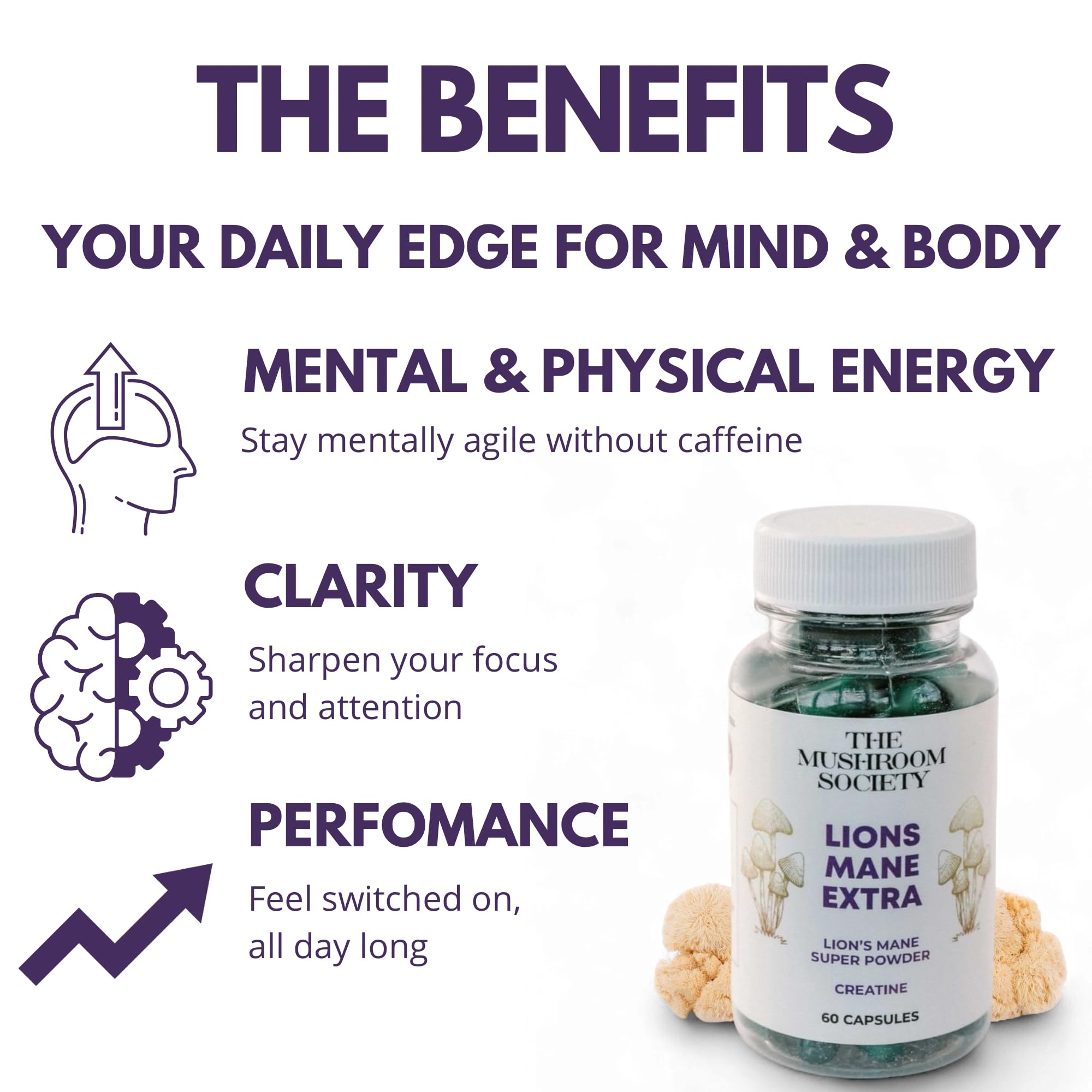 Close-up of The Mushroom Society Lion's Mane Extra capsules highlighting vegan formula.