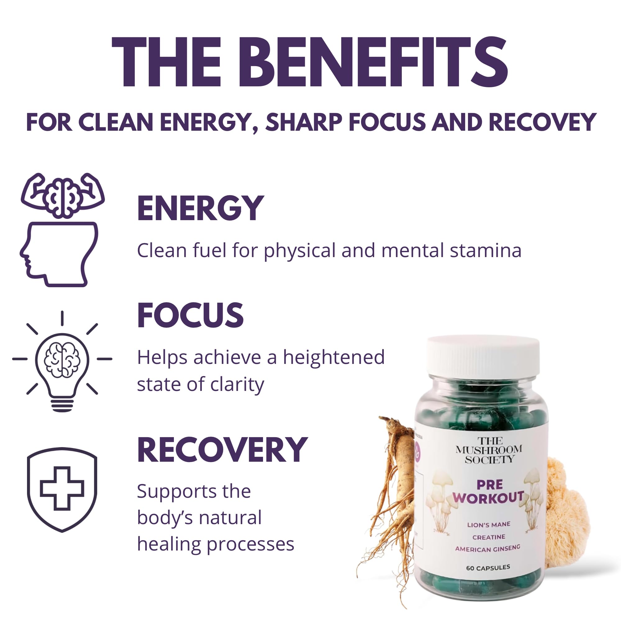 The Mushroom Society pre-workout capsules close-up highlights plant-powered energy for training sessions.