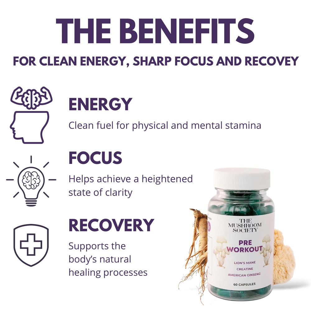 The Mushroom Society pre-workout capsules close-up highlights plant-powered energy for training sessions.