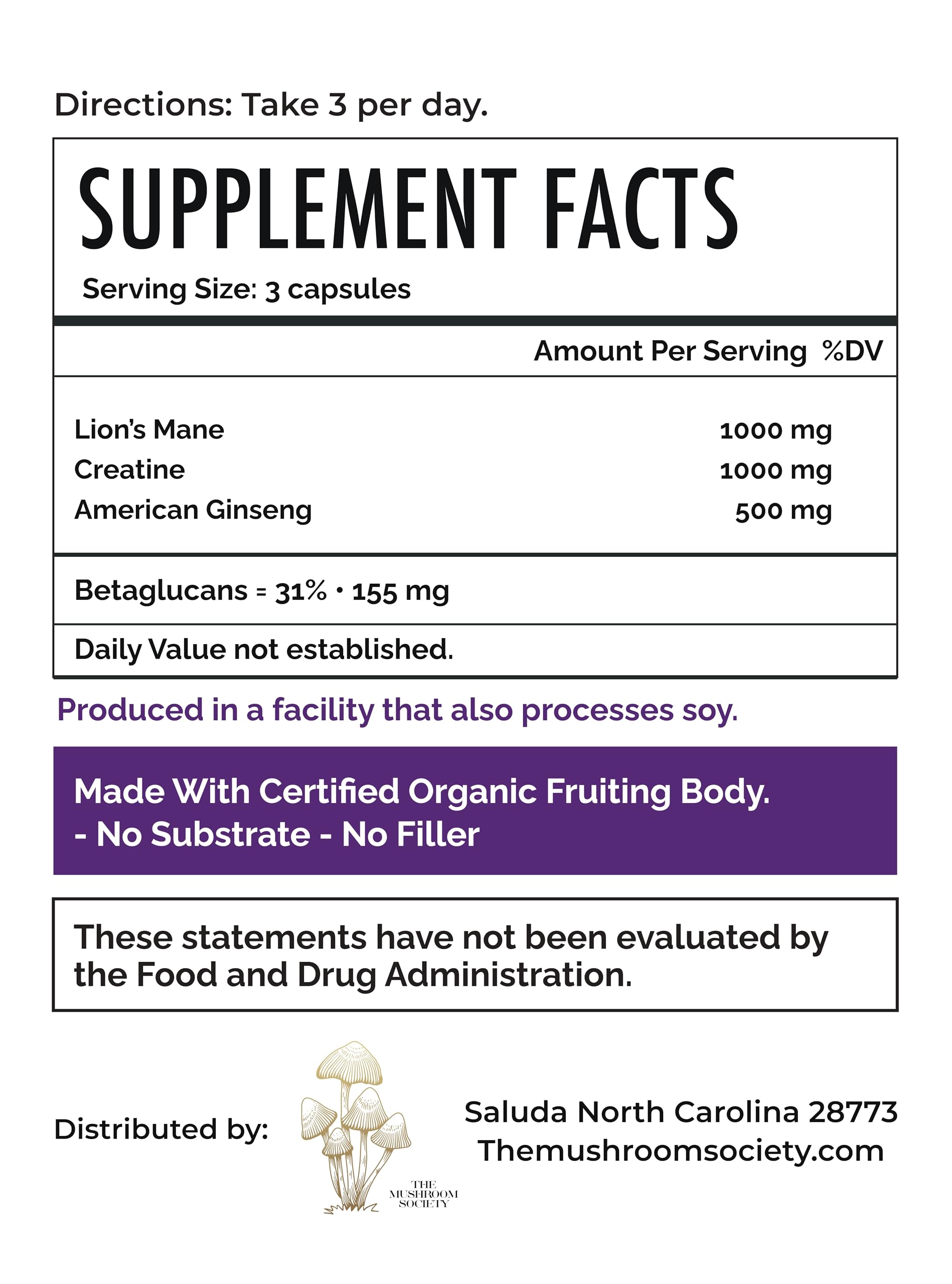 The Mushroom Society pre-workout label-front shot showcases Lion’s Mane and Creatine benefits.