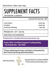 The Mushroom Society pre-workout label-front shot showcases Lion’s Mane and Creatine benefits.