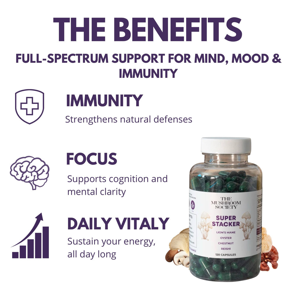 The Mushroom Society Super Stacker bottle side highlights capsules for immune support.