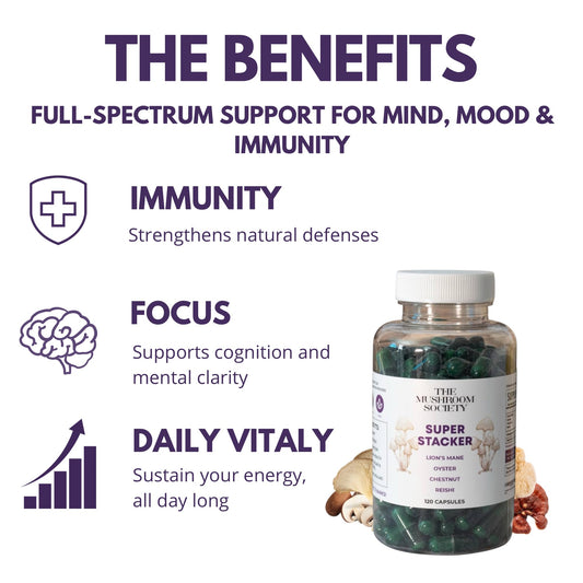The Mushroom Society Super Stacker bottle side highlights capsules for immune support.