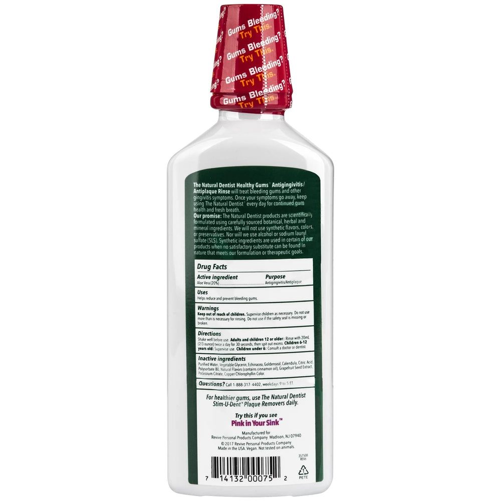 The Natural Dentist Healthy Gums Mouth Rinse Peppermint alcohol-free formula on bottle label