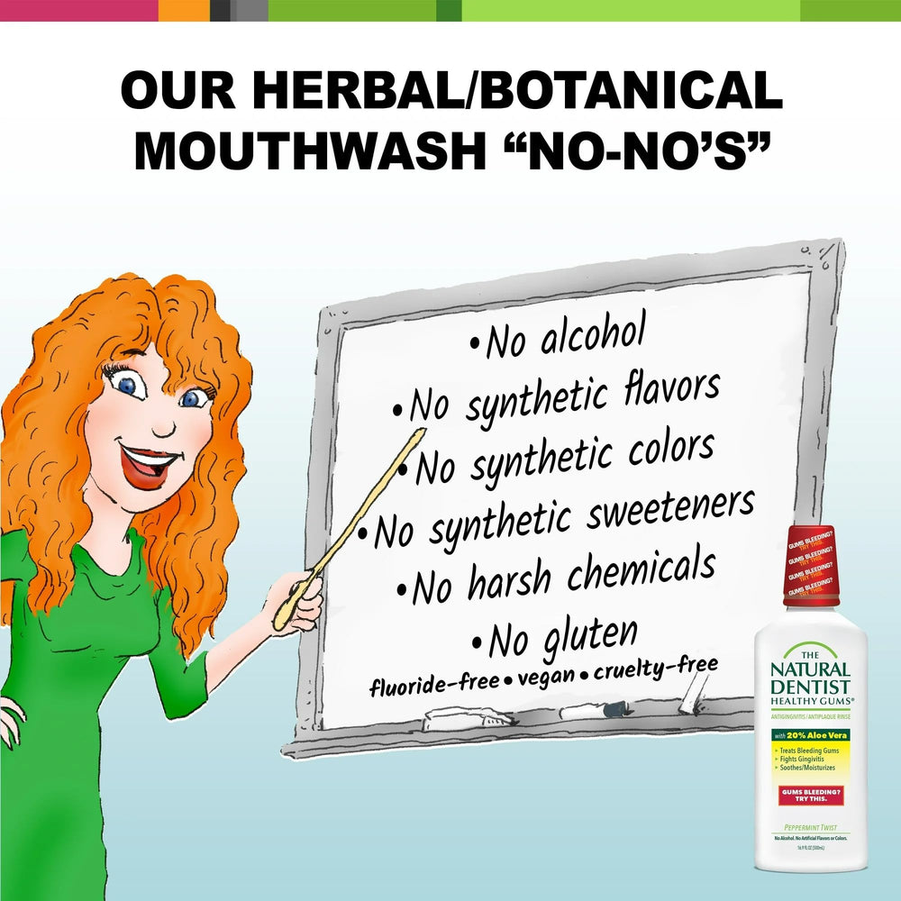 The Natural Dentist Healthy Gums Mouth Rinse Peppermint bottle being poured for everyday use