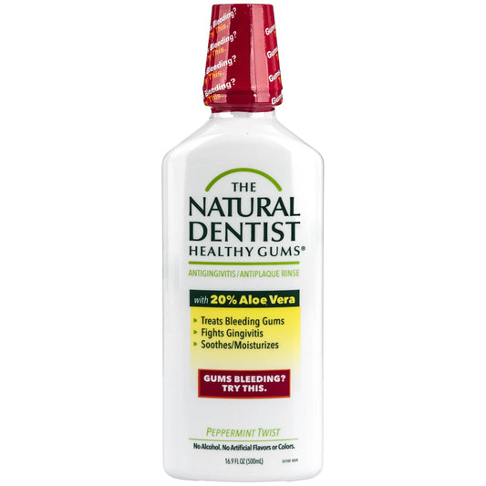 The Natural Dentist Healthy Gums Mouth Rinse Peppermint bottle pour for fresh breath and gum care
