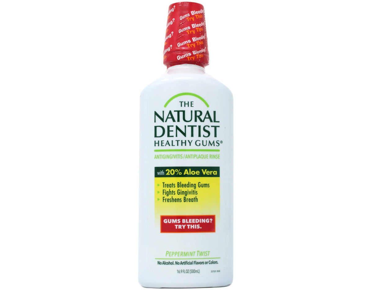 The Natural Dentist Healthy Gums Mouthwash bottle pour for easy use and fresh breath.