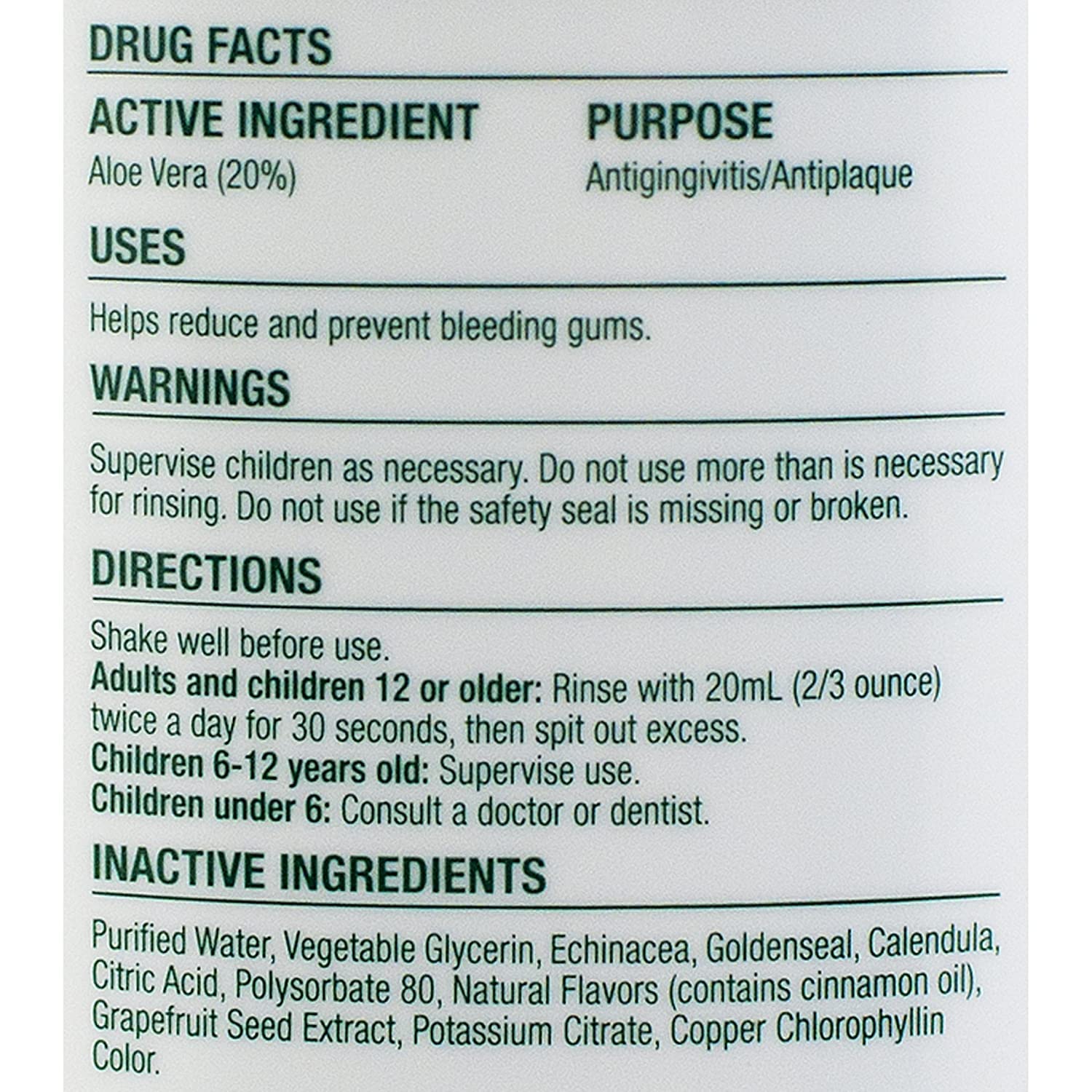 The Natural Dentist Healthy Gums Mouthwash mint scent close-up shows Aloe vera soothing properties.