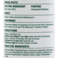 The Natural Dentist Healthy Gums Mouthwash mint scent close-up shows Aloe vera soothing properties.