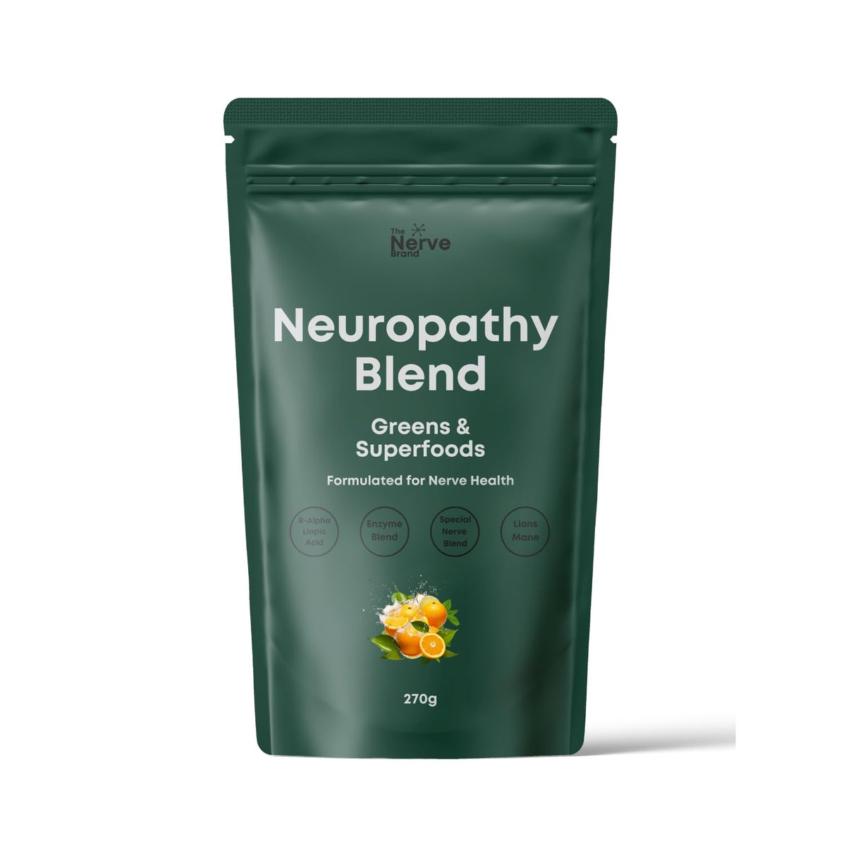 The Nerve Brand Neuropathy Superfood Blend bottle label highlights 27 nutrients for nerve support.