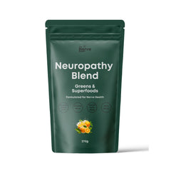 The Nerve Brand Neuropathy Superfood Blend bottle label highlights 27 nutrients for nerve support.