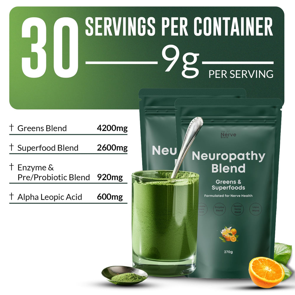 The Nerve Brand Neuropathy Superfood Blend bottle pour demonstrates a quick, smooth supplementation routine.