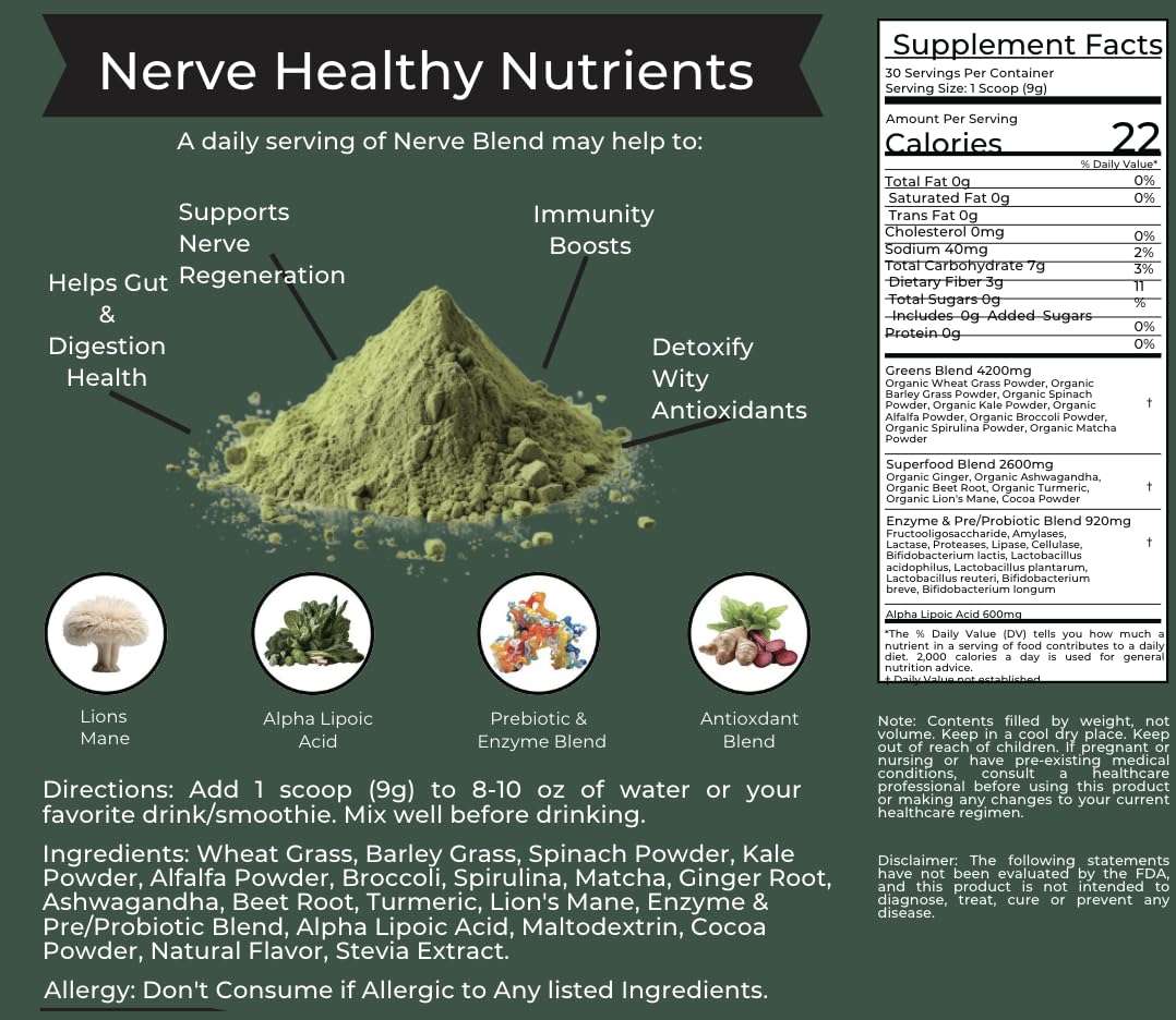 The Nerve Brand Neuropathy Superfood Blend packaging close-up conveys clean, premium quality.