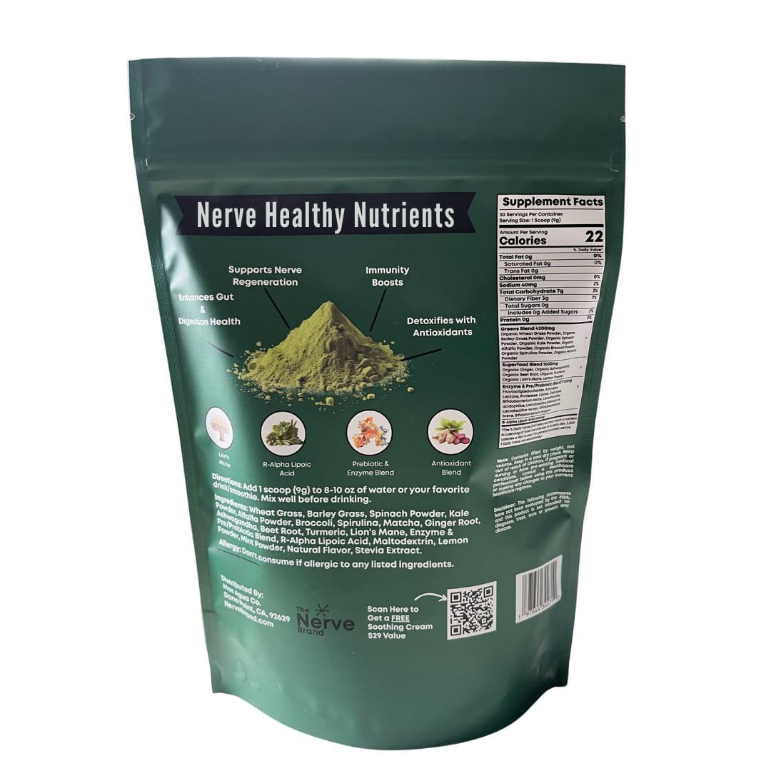 The package front of The Nerve Brand Neuropathy Superfood Blend, showcasing chocolate flavor for daily use.