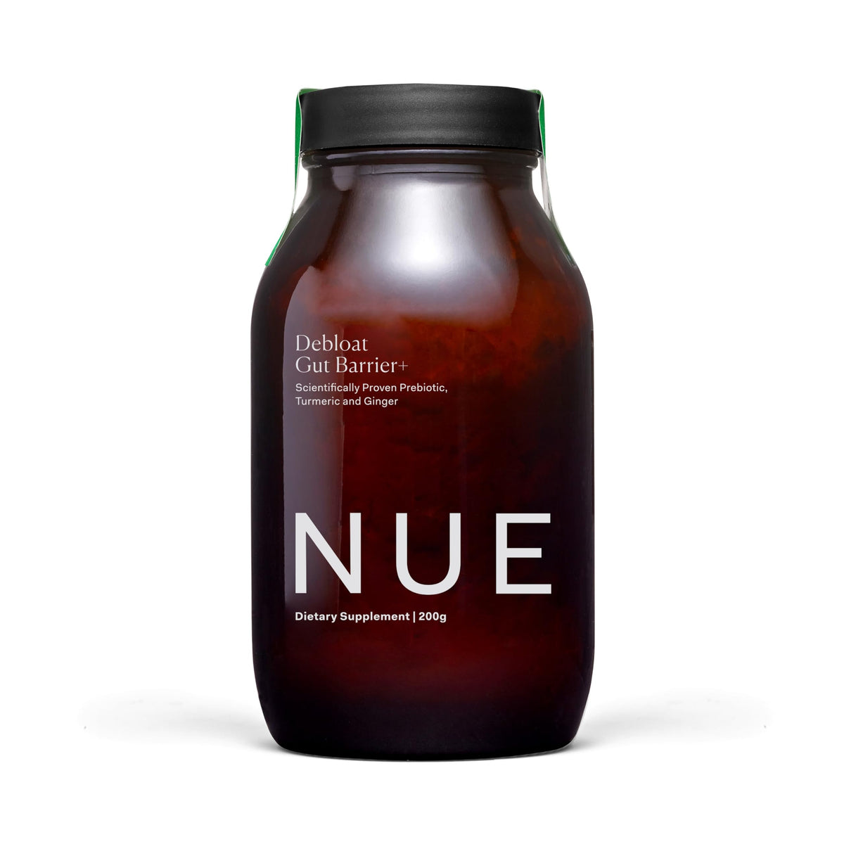 The Nue Co Debloat Gut Barrier+ powder tub for convenient daily digestive support.