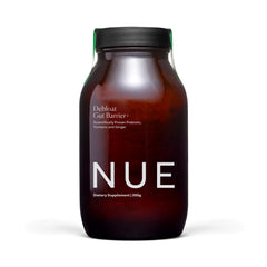 The Nue Co Debloat Gut Barrier+ powder tub for convenient daily digestive support.
