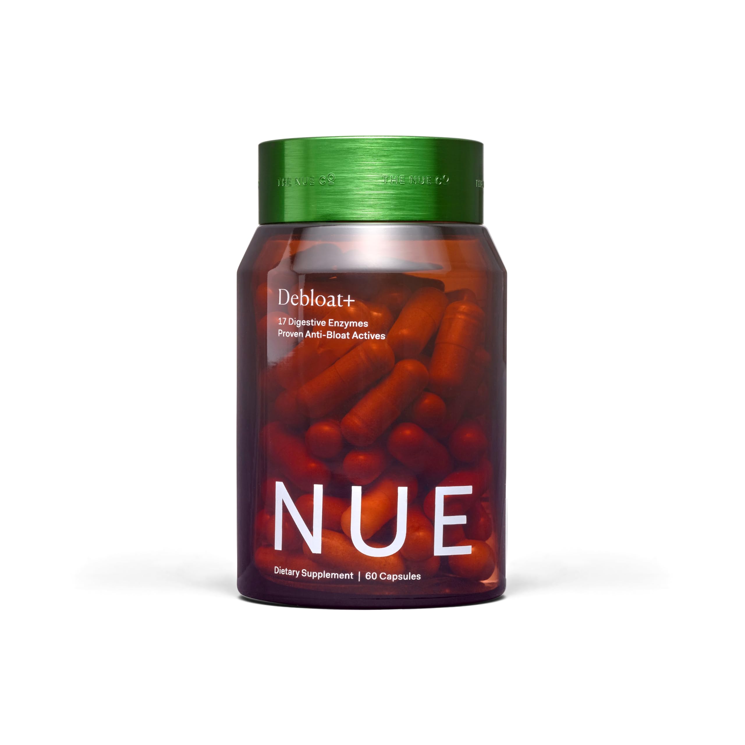 The Nue Co Debloat+ bottle showing vegan digestive support after meals