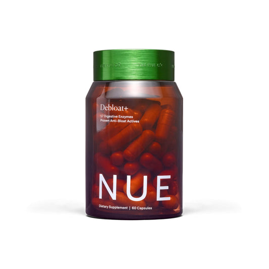 The Nue Co Debloat+ bottle showing vegan digestive support after meals