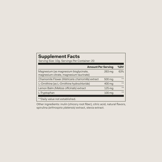The Nue Co Magnesium Gut Barrier+ powder tub with spoon highlighting convenient nightly use