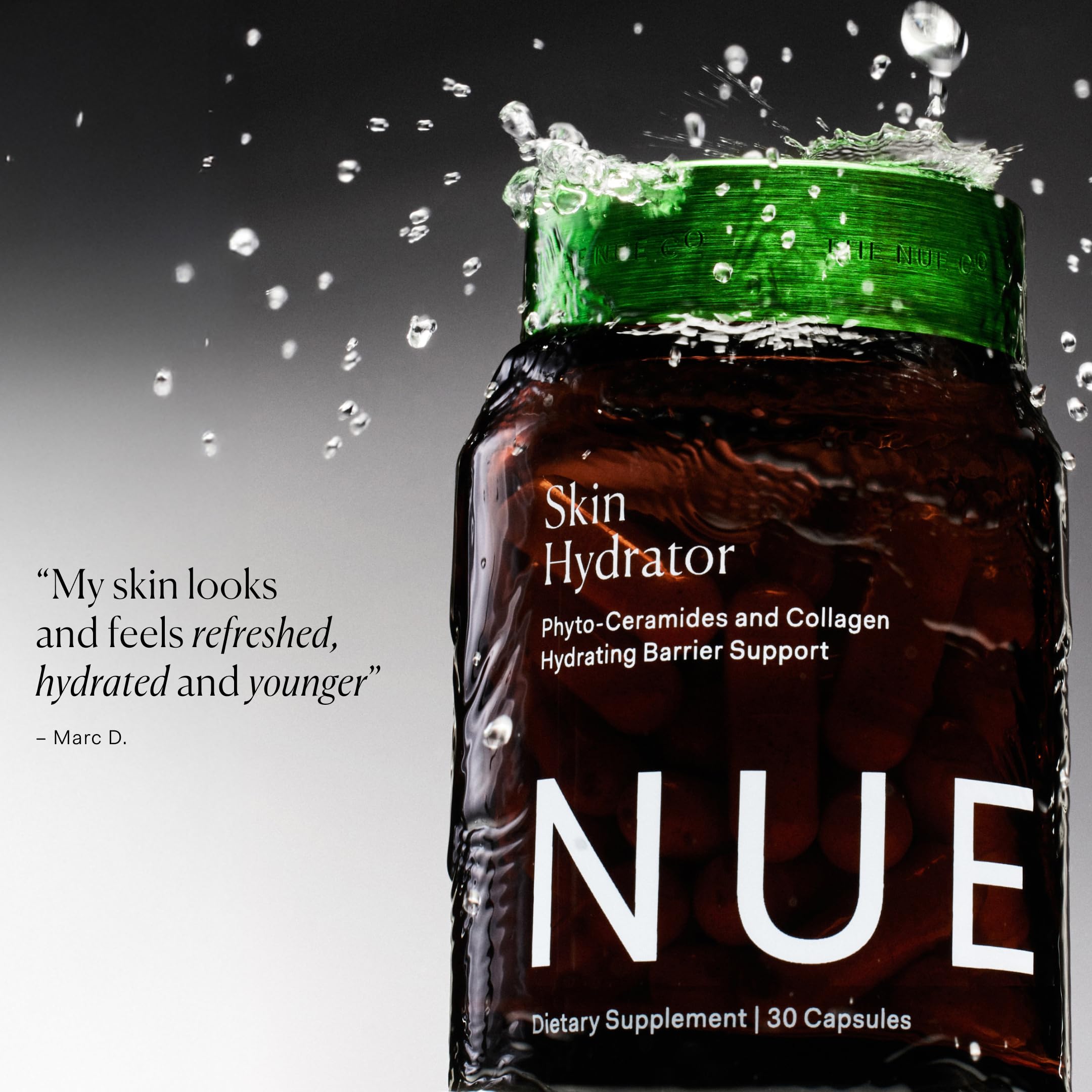 Lifestyle shot showing hydrated skin after a morning routine with The Nue Co