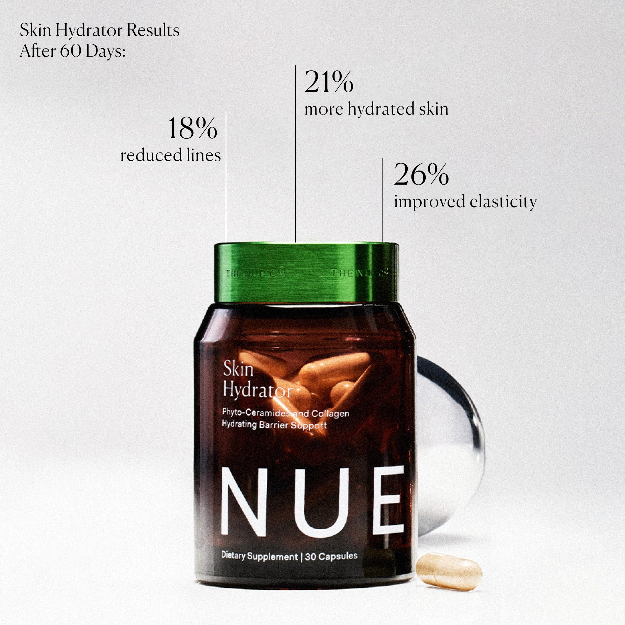 Jar display of The Nue Co Skin Hydrator emphasizing clean ingredients