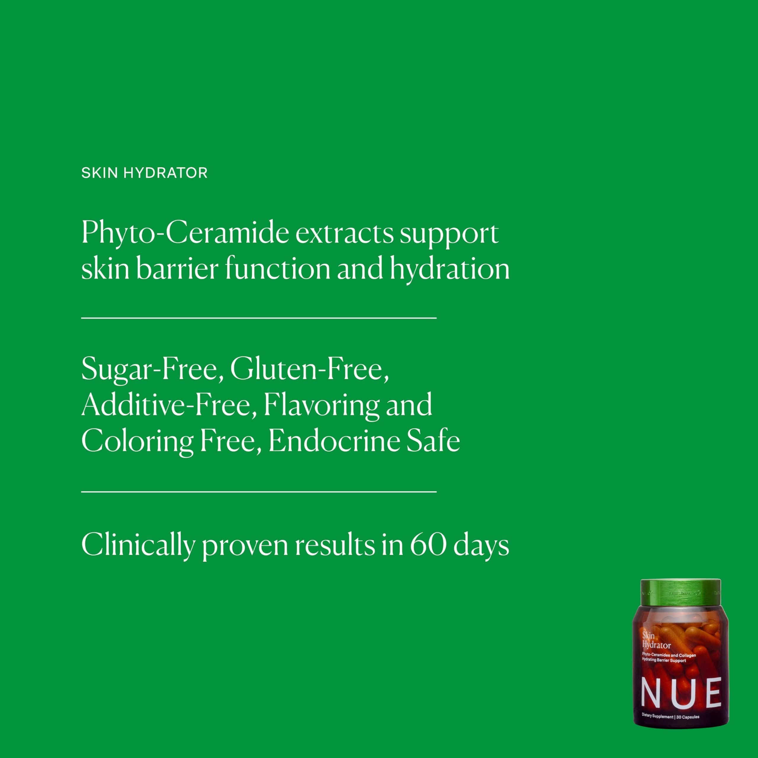 Label close-up on The Nue Co Skin Hydrator highlighting gluten-free formula