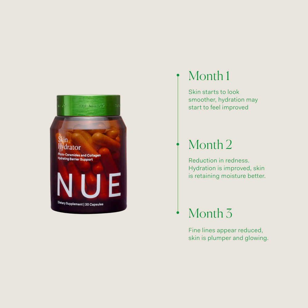 The Nue Co Skin Hydrator bottle with packaging in a simple morning routine context