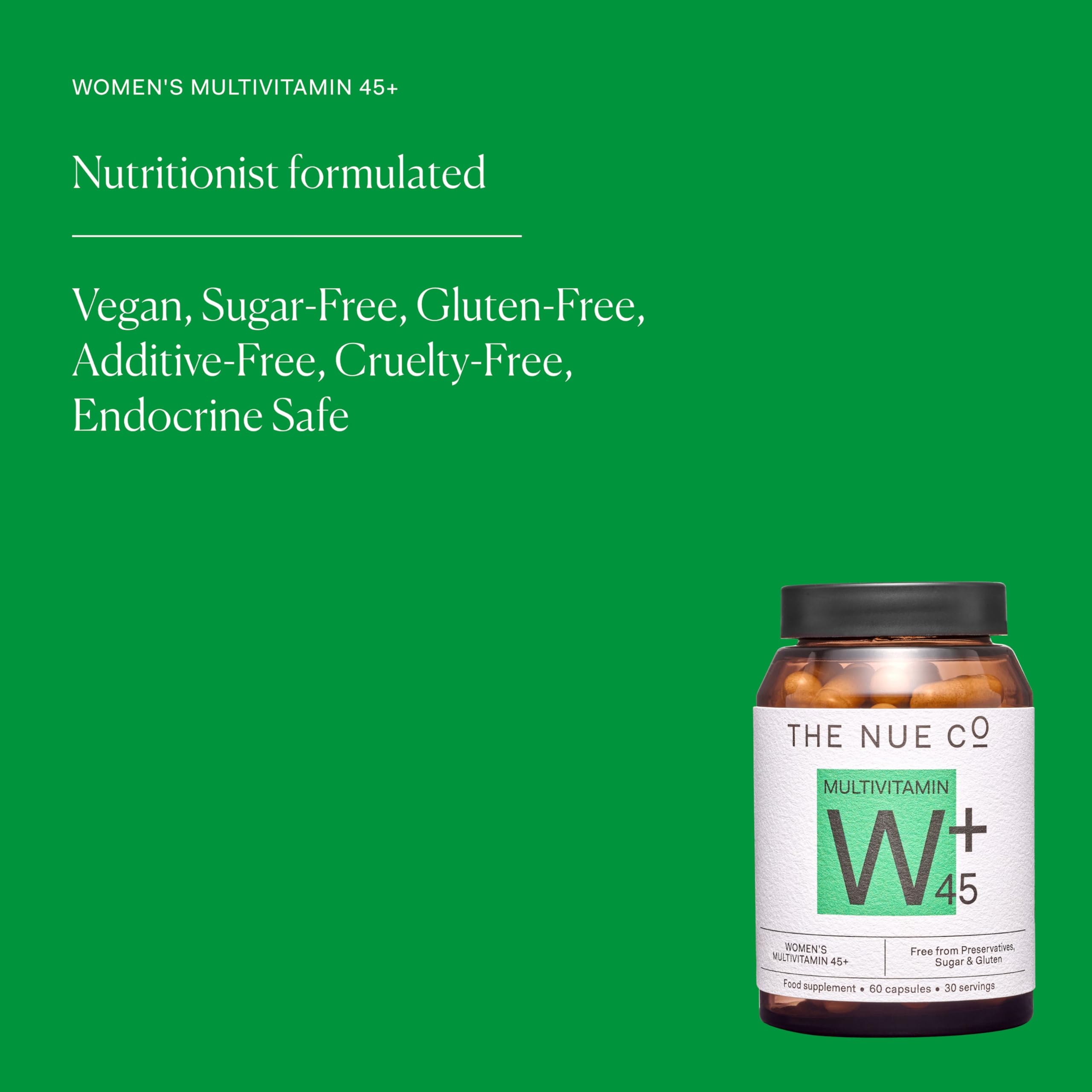 Label detail of The Nue Co Women's Multivitamin 45+ vegan and gluten-free formula.