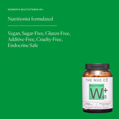 Label detail of The Nue Co Women's Multivitamin 45+ vegan and gluten-free formula.