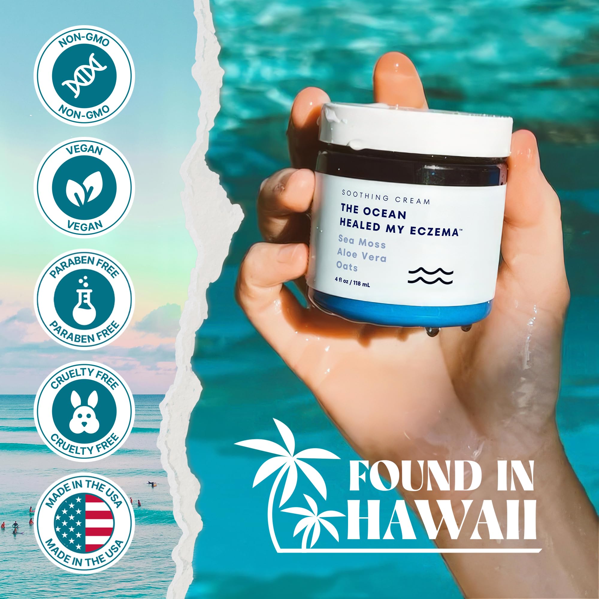 The Ocean Healed My Eczema vegan non-GMO cruelty-free label indicates clean ingredients