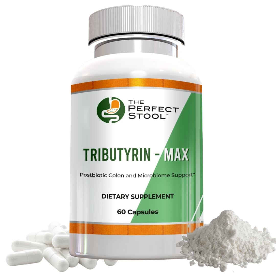 The Perfect Stool Tributyrin-Max capsule close-up shows a potent, odor-free formula.