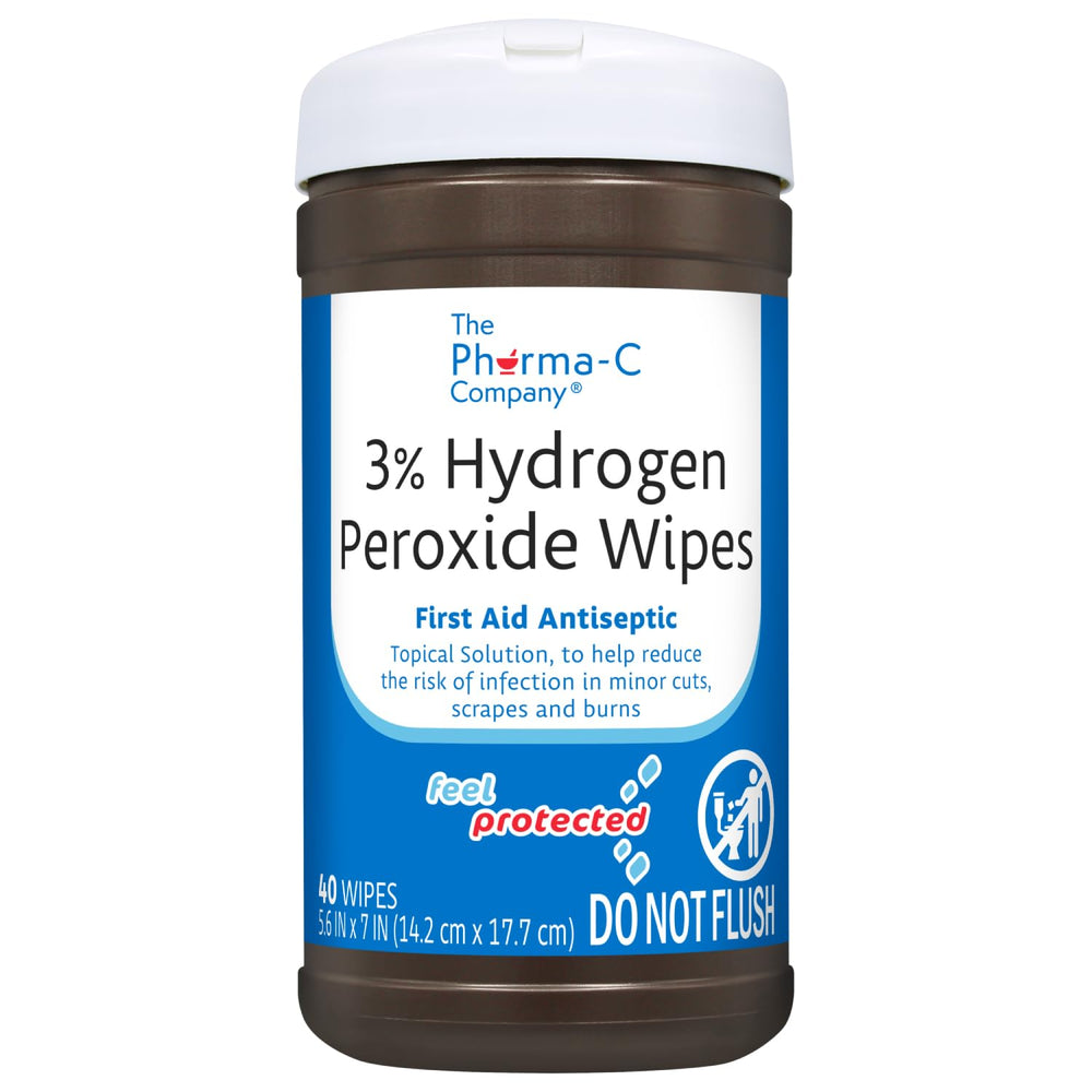 The Pharma-C Company 3-percent hydrogen peroxide wipes canister lid close-up highlights moisture-lock design