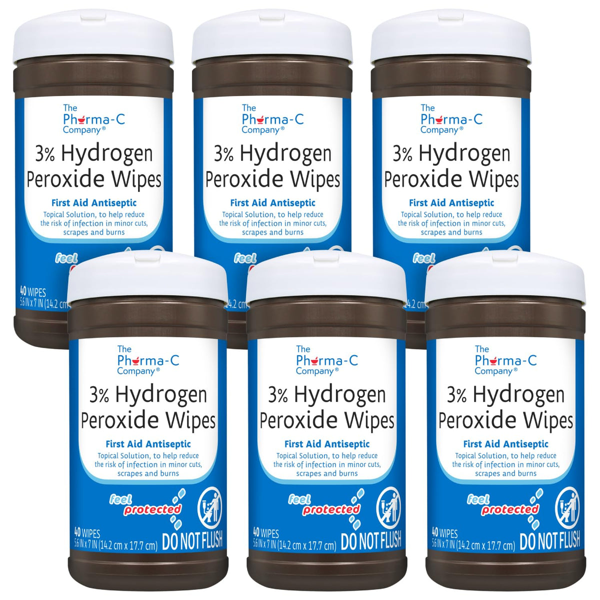 The Pharma-C Company 3-percent hydrogen peroxide wipes canister front shows packaging for minor wound care
