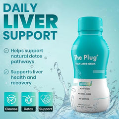 The Plug Liver Cleanse bottle on table with refreshing superfruit flavor.