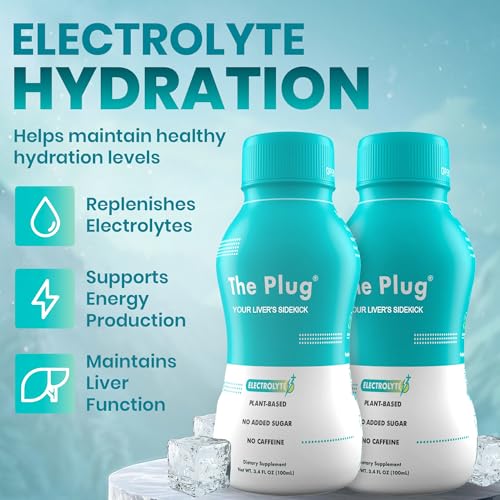 The Plug Liver Cleanse on kitchen counter with glass and fruit.