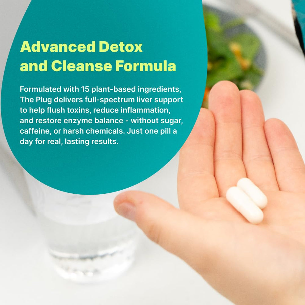 Product visuals highlight gluten-free and non-GMO icons on The Plug Liver Cleanse.