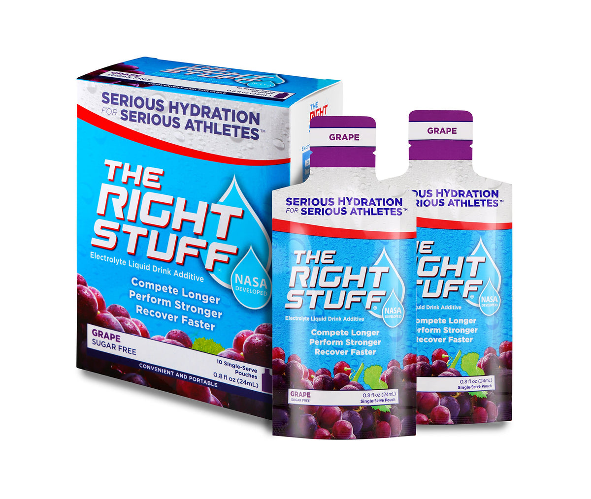 The Right Stuff electrolyte grape pouch front, ideal for pre-hydration before workouts.