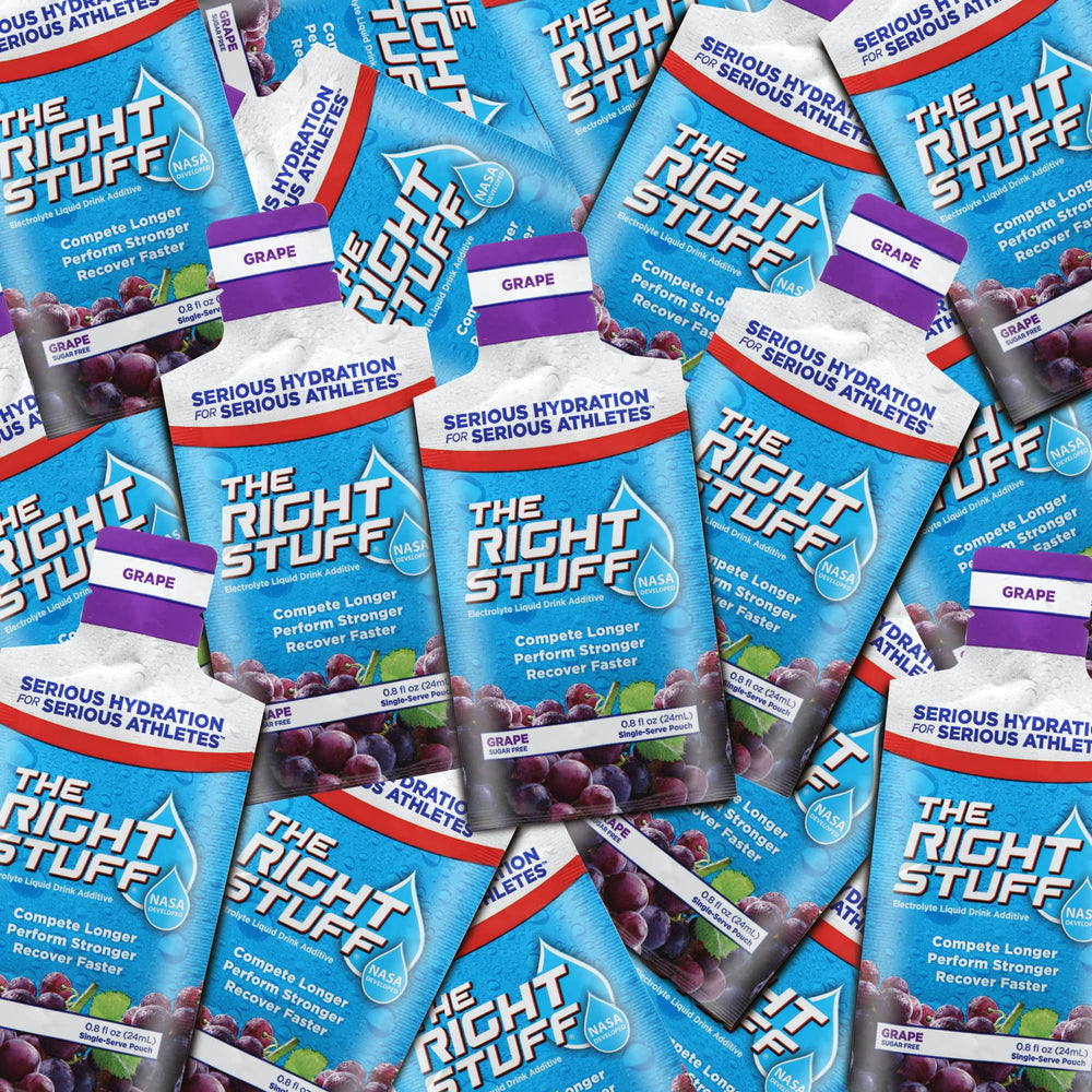 The Right Stuff grape pouch poured into water for quick hydration during workouts.