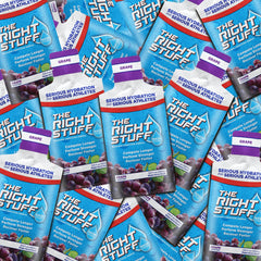 The Right Stuff grape pouch poured into water for quick hydration during workouts.