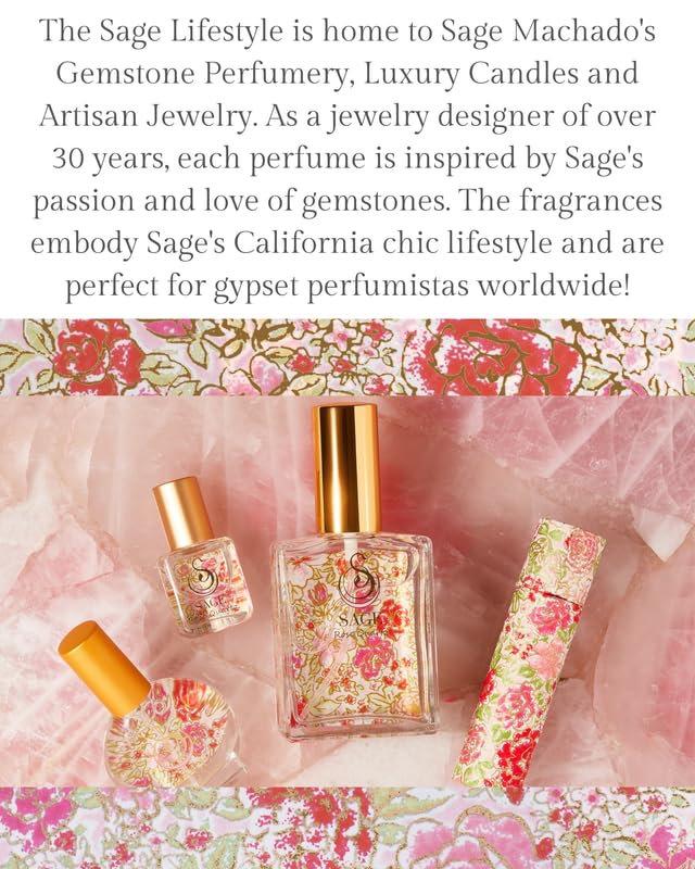 The Sage Lifestyle Rose Quartz Roll On in a makeup bag, compact travel fragrance for women.