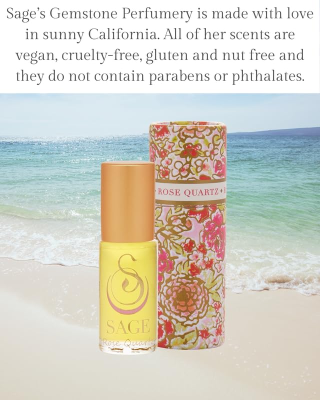 The Sage Lifestyle Rose Quartz Roll On bottle on a nightstand, easy-to-use aroma throughout the day.