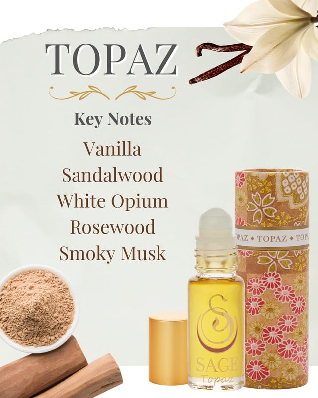 The Sage Lifestyle Topaz Roll-On sandalwood and rosewood blend for warmth.