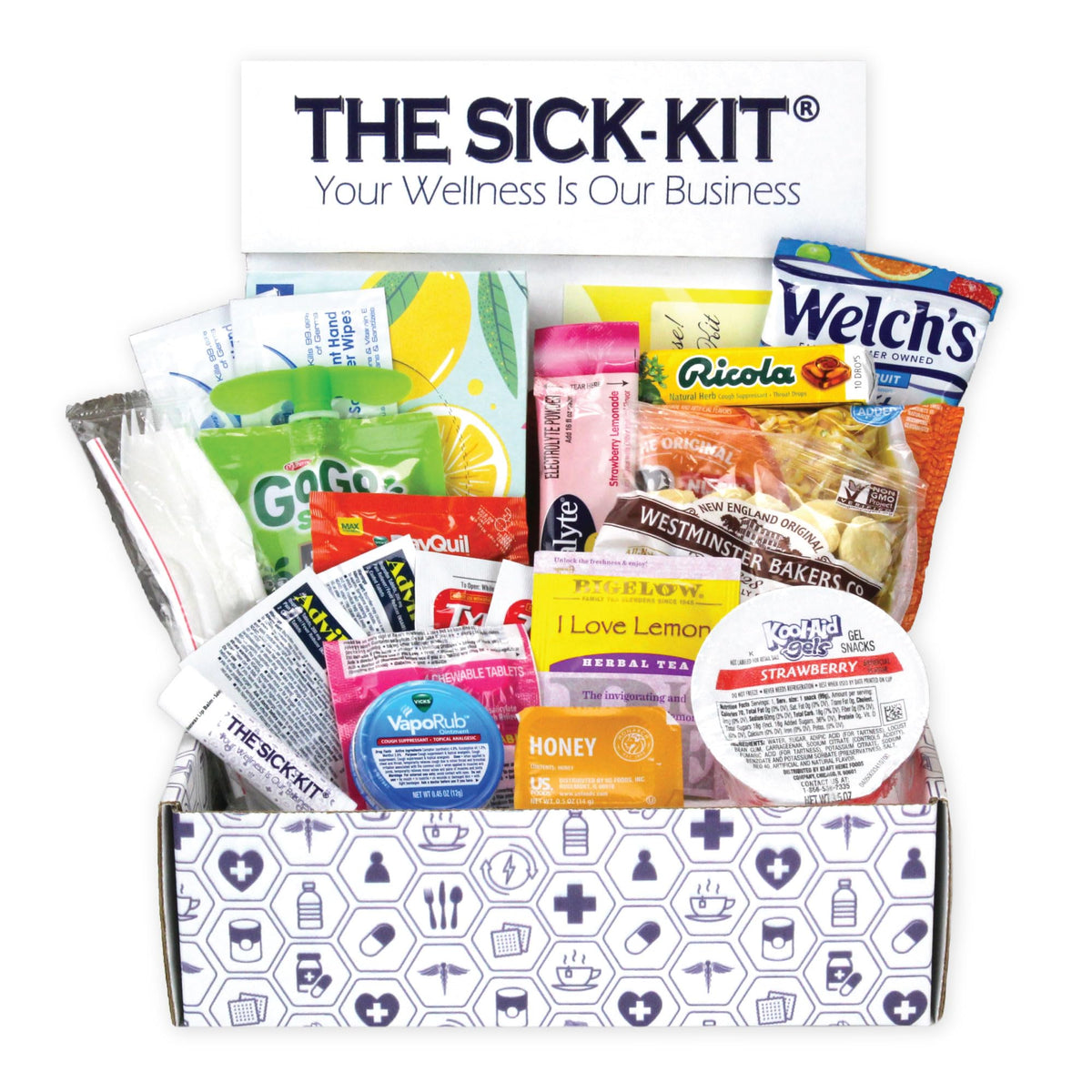 THE SICK-KIT front box view showing a compact wellness gift for sick days.