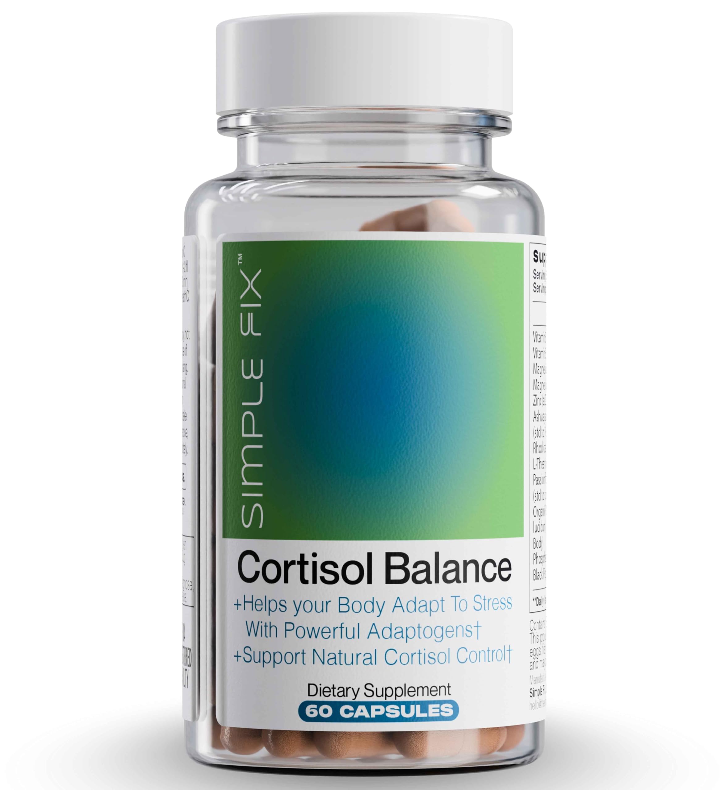 The Simple Fix Cortisol Balance bottle closeup highlighting adaptogens for daily balance.