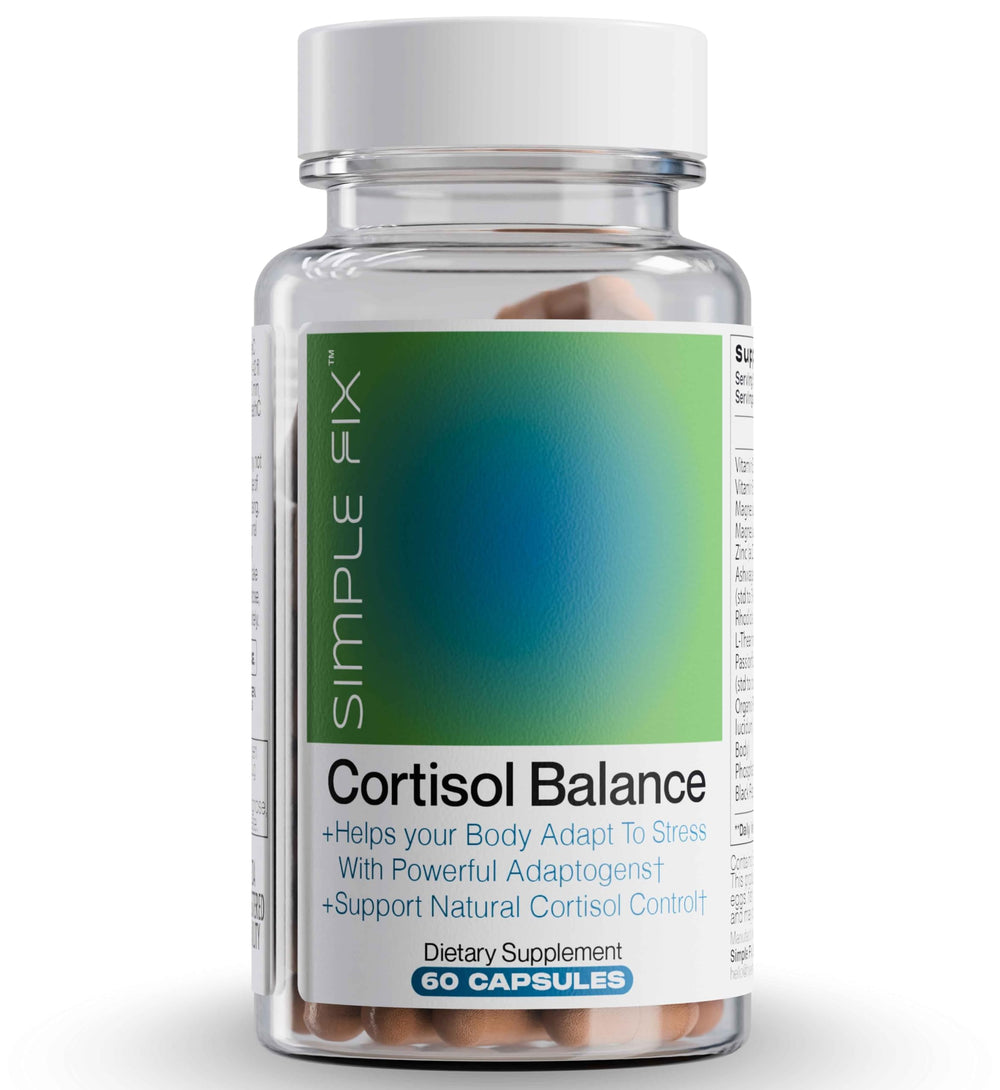 The Simple Fix Cortisol Balance bottle closeup highlighting adaptogens for daily balance.