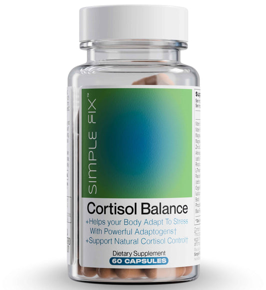 The Simple Fix Cortisol Balance bottle closeup highlighting adaptogens for daily balance.