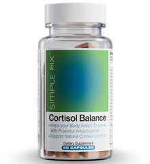 The Simple Fix Cortisol Balance bottle closeup highlighting adaptogens for daily balance.